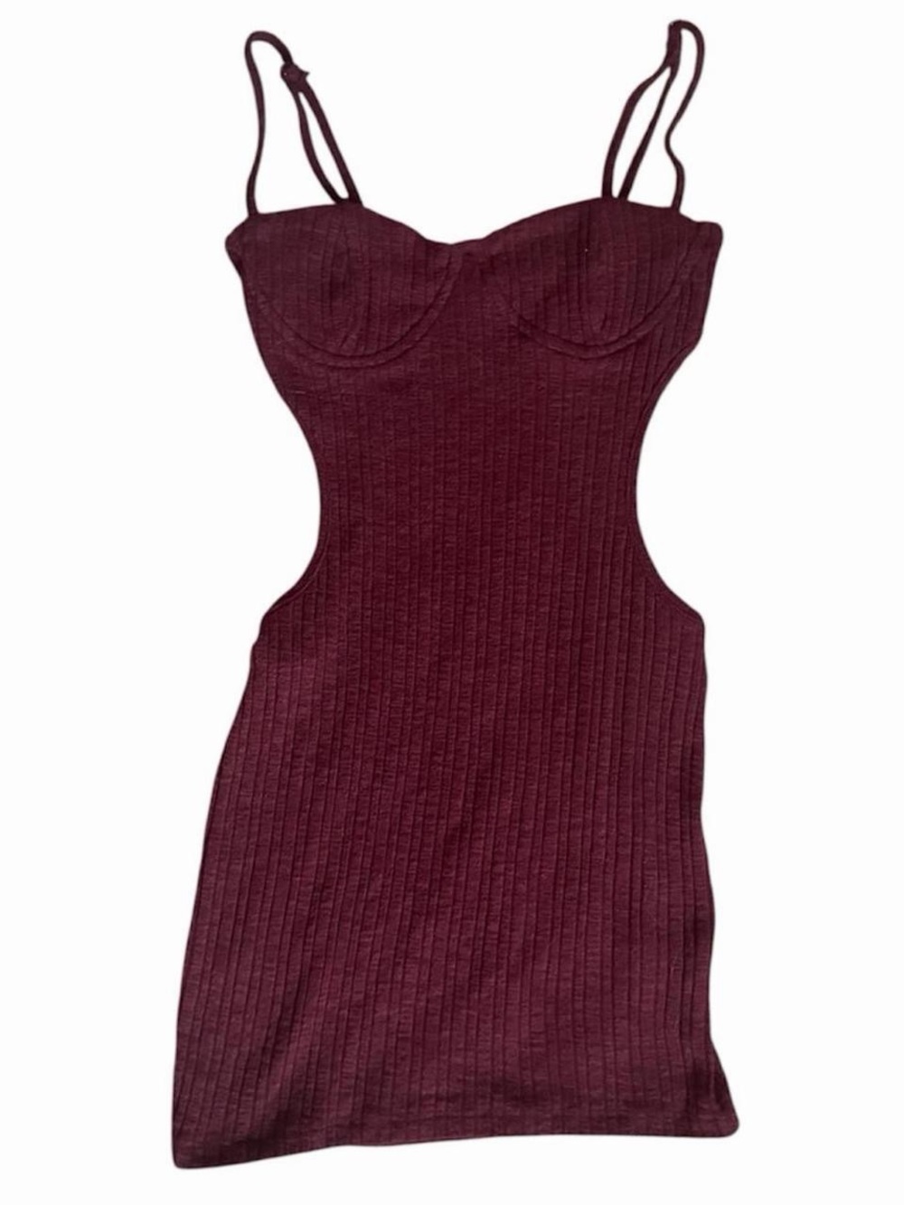 burgundy ribbed knit mini dress with side cutouts